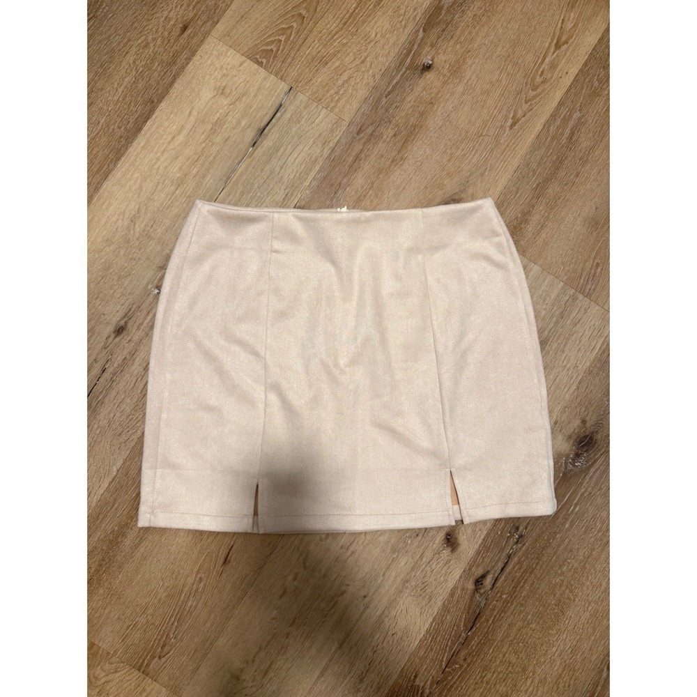 THML Women's Beige Faux Suede Mini Skirt Side Slit Neutral Western Boho